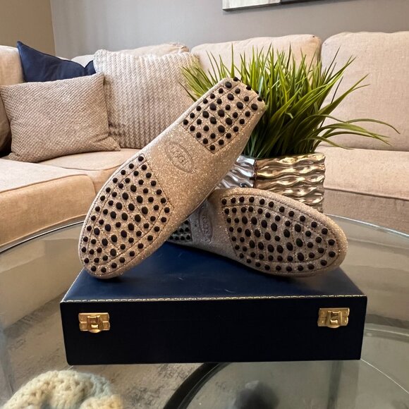 Tod's Gold Glitter Double T Slip On Loafers - Picture 2 of 5